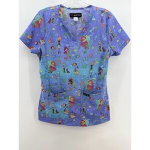 Koi Basics Womens Size XS Short Sleeve V Neck Scrub‎ Top Mermaid Purple/Blue